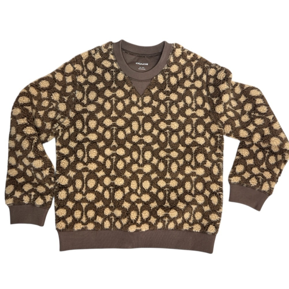 Coach Signature Monogram Sherpa Fleece Pullover Sweatshirt Brown Tan Women’s S